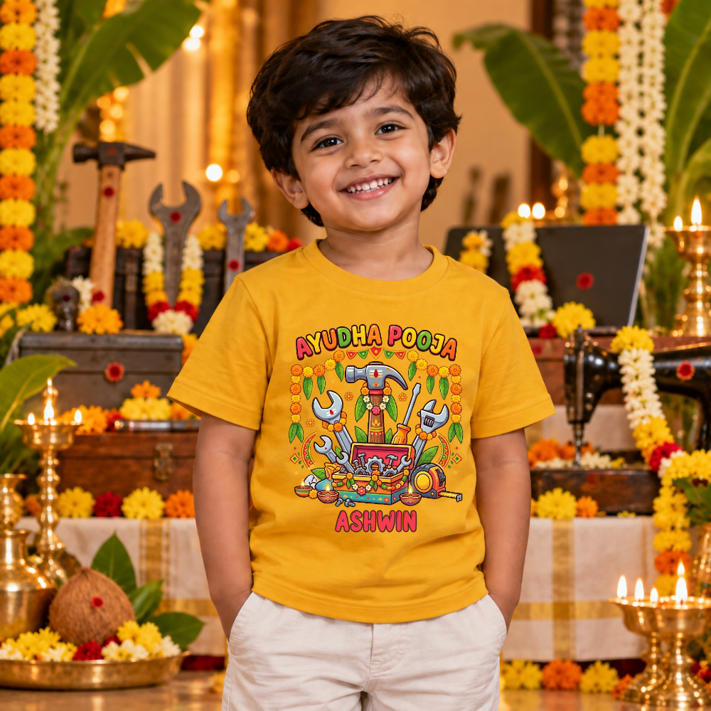 Personalized Ayudha Pooja Kids T-Shirt with Name | Festive Tool Design