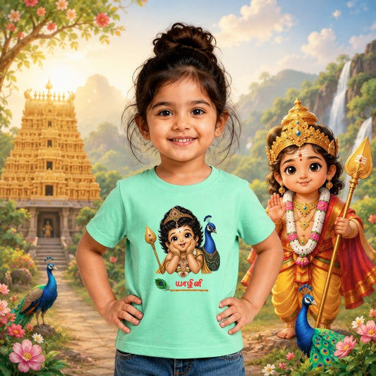 Little Murugan Personalized Kids T-Shirt for Girls | Custom Name Murugan Cotton T-Shirt | Cute Tamil Devotional Tee