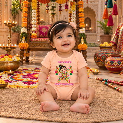 Personalized Baby Girl’s First Navratri Romper | Peach Dandiya Design