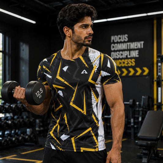Black & Yellow Geometric Gym T-Shirt for Men | Premium Fitness Active Wear
