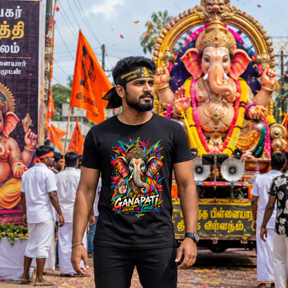 Colourful Ganpati Graphic T-Shirt for Men | Lord Ganesha Black Printed T-Shirt