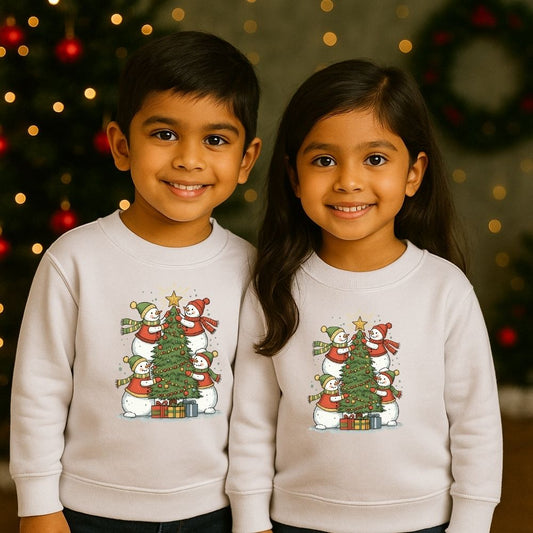 Kids' Snowman Family Christmas Tree Decorating Siblings Sweatshirt