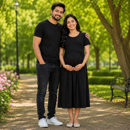 Matching Feeding Dress & Dad T-Shirt Set | Cotton Maternity Couple Wear