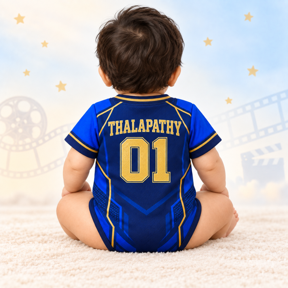 Thalapathy Vijay Baby Jersey Romper – Blue & Gold Fan Outfit