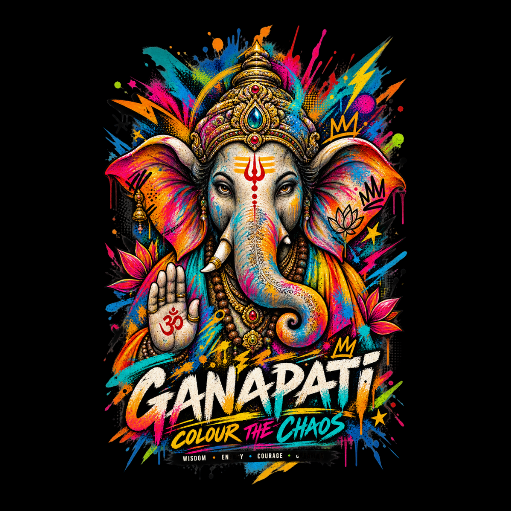 Colourful Ganpati Graphic T-Shirt for Men | Lord Ganesha Black Printed T-Shirt