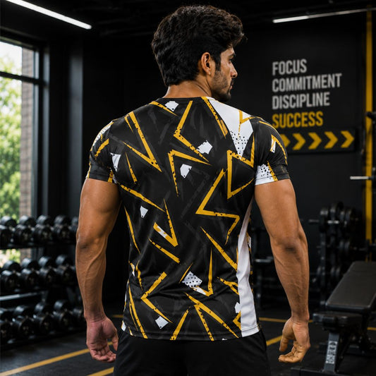 Black & Yellow Geometric Gym T-Shirt for Men | Premium Fitness Active Wear