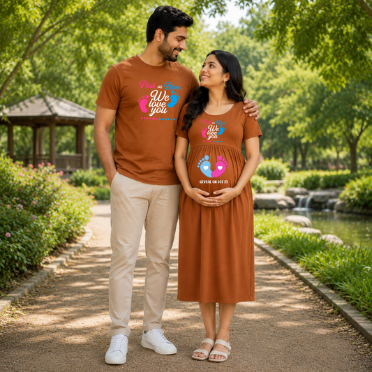 Pink or Blue Matching Feeding Dress & Dad T-Shirt Set | Gender Reveal Couple Outfit