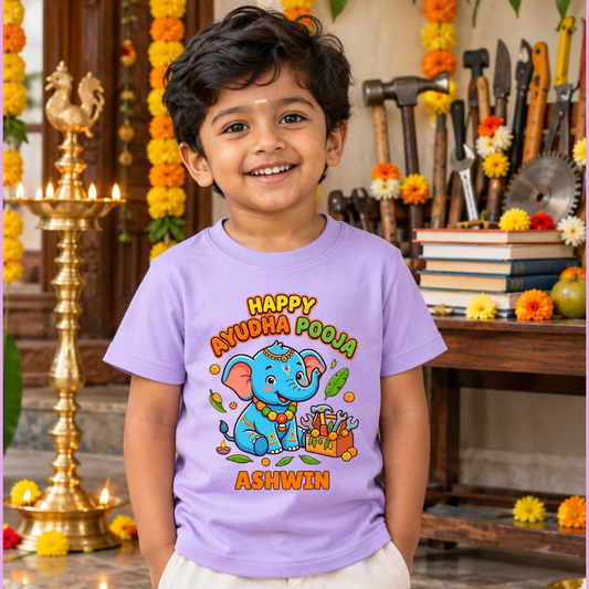 Personalized Happy Ayudha Pooja Kids T-Shirt | Baby Elephant Design with Name