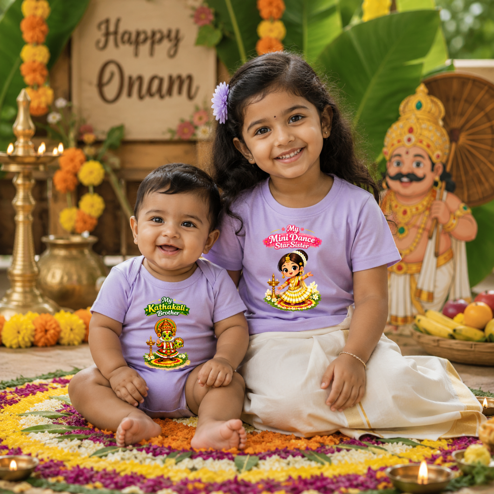 Personalized Onam Sibling T-Shirt & Baby Romper Combo with Custom Name