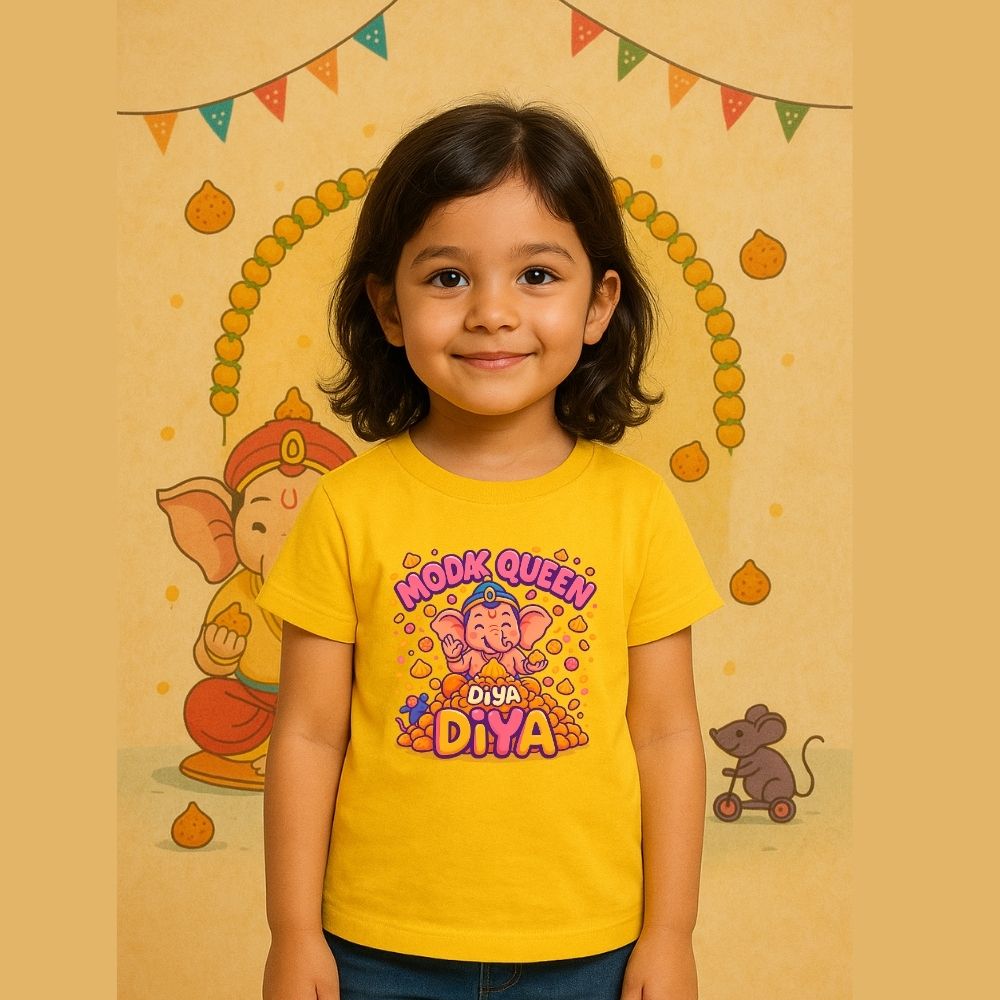 Ganesha with Modaks Printed T-Shirt for Girls - Bappa’s Modak Queen