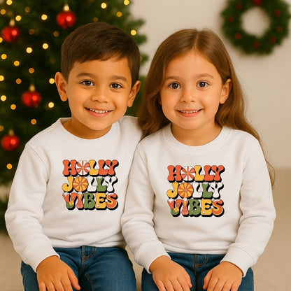 Kids "Holly Jolly Vibes" Retro Christmas Siblings Sweatshirt