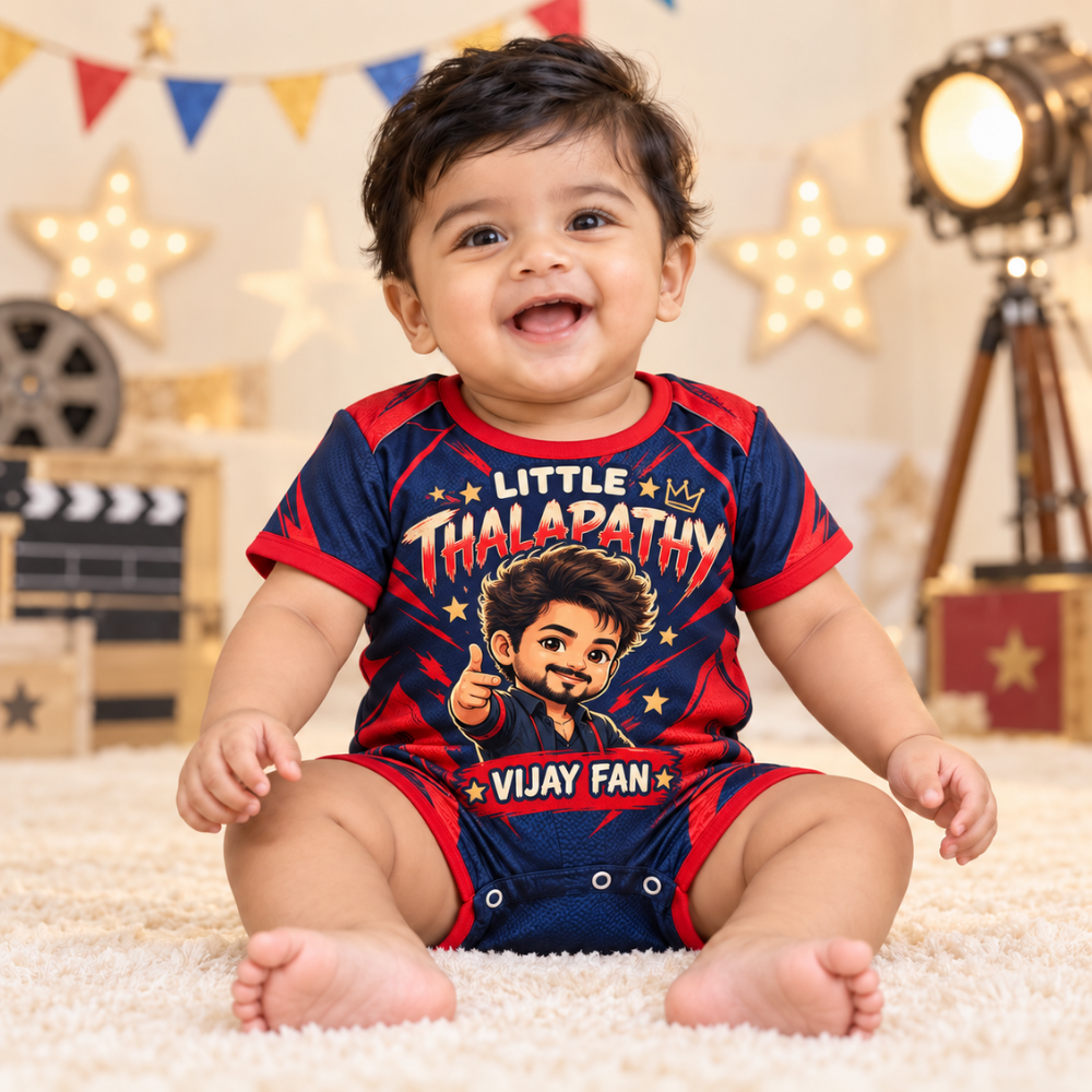 Little Thalapathy Vijay Fan Baby Jersey Romper – Red & Navy