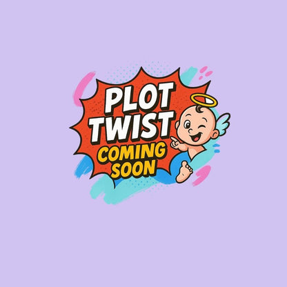 Cartoon character with 'Plot Twist Coming Soon' text on a light purple background