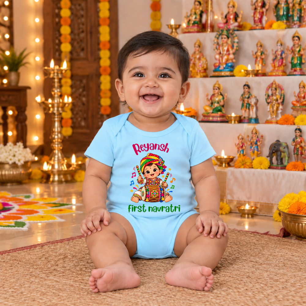 Personalized Baby Boy’s First Navratri Romper | Blue Dhol Design