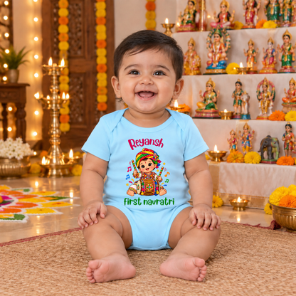 Personalized Baby Boy’s First Navratri Romper | Blue Dhol Design