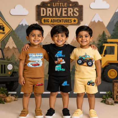 Little Drivers Kids Co-Ord Set | Premium Cotton T-Shirt & Shorts