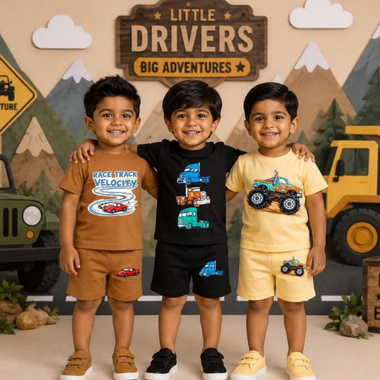 Little Drivers Kids Co-Ord Set | Premium Cotton T-Shirt & Shorts