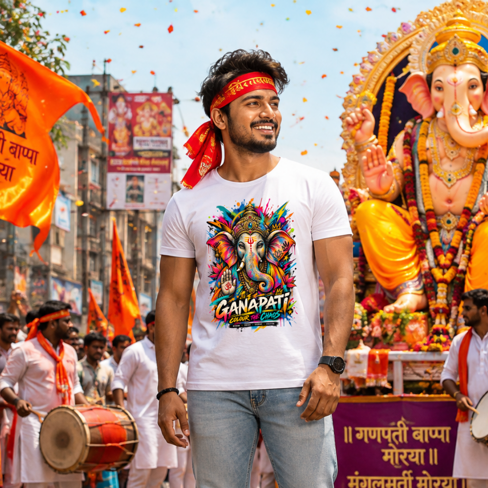 Colourful Ganpati Bappa T-Shirt for Men | Lord Ganesha White Graphic T-Shirt
