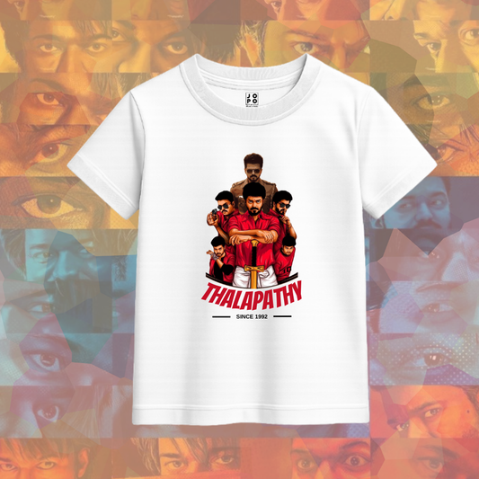 White t-shirt with 'Thalapathy' graphic design on a colorful background