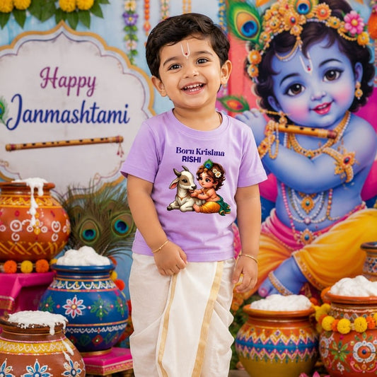 Born Krishna Personalized Janmashtami Kids Round Neck T-Shirt – Custom Name