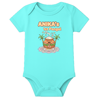 Baby Romper 1st Pongal Celebration - personalised - AQUA BLUE - 0 - 3 Months (Chest 18")