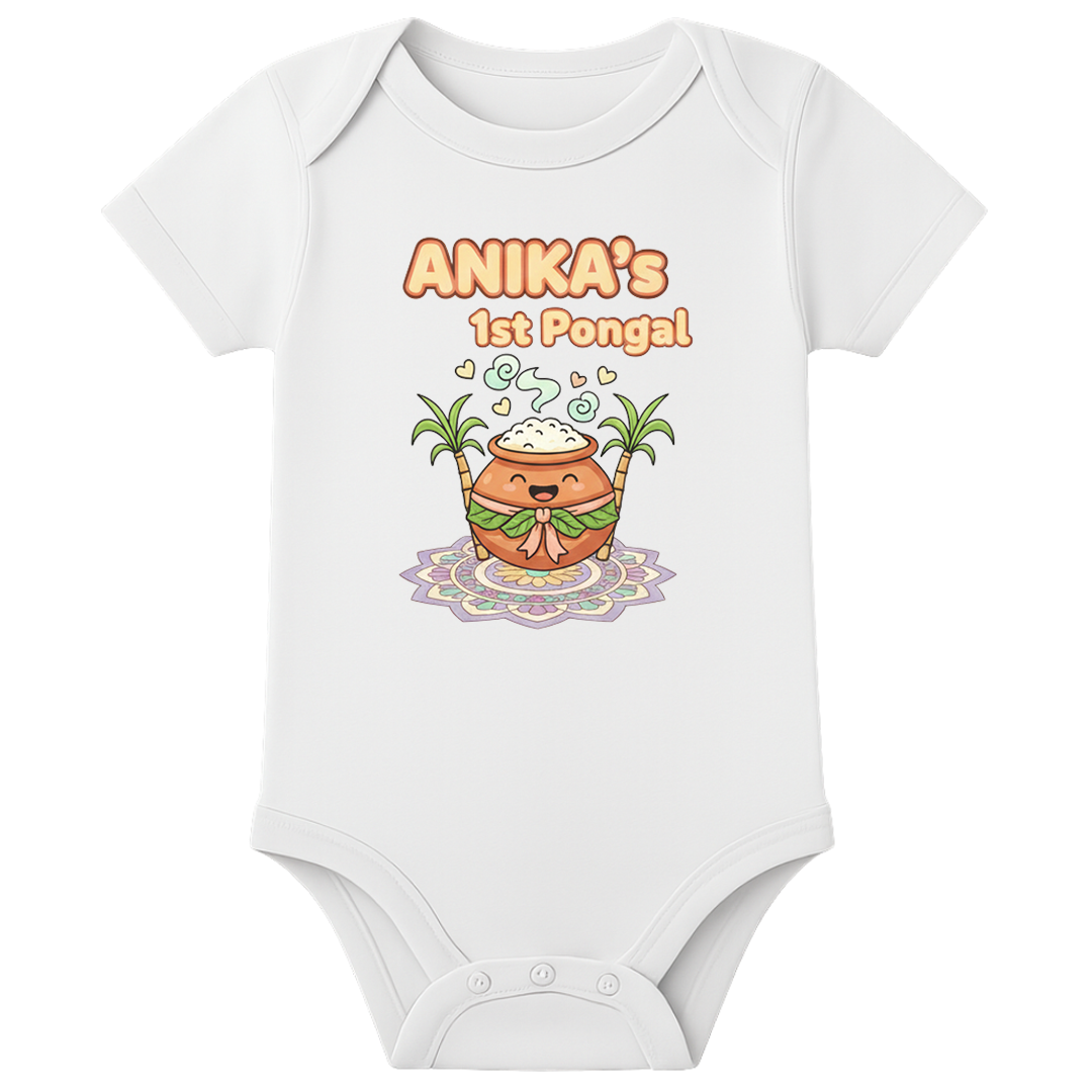 Baby Romper 1st Pongal Celebration - personalised - WHITE - 0 - 3 Months (Chest 18")