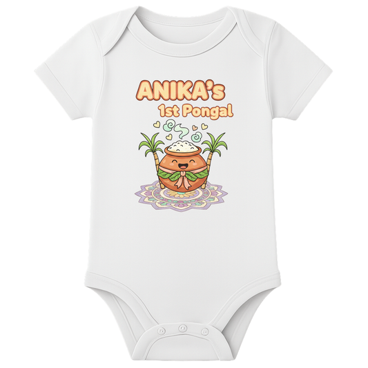 Baby Romper 1st Pongal Celebration - personalised - WHITE - 0 - 3 Months (Chest 18")