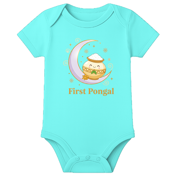 1st Pongal for Cute Baby - Romper Dress - Personalised - AQUA BLUE - 0 - 3 Months (Chest 18")