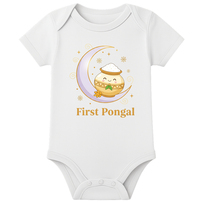 1st Pongal for Cute Baby - Romper Dress - Personalised - WHITE - 0 - 3 Months (Chest 18")