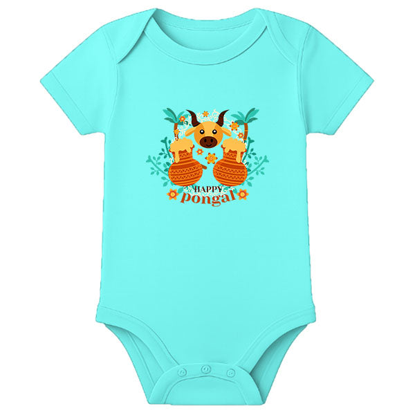 Personalized Pongal Baby Romper with Name – Traditional Thai Pongal Outfit for Newborns - AQUA BLUE - 0 - 3 Months (Chest 18")