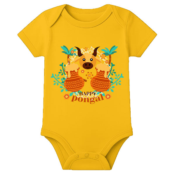 Personalized Pongal Baby Romper with Name – Traditional Thai Pongal Outfit for Newborns - MUSTARD - 0 - 3 Months (Chest 18")