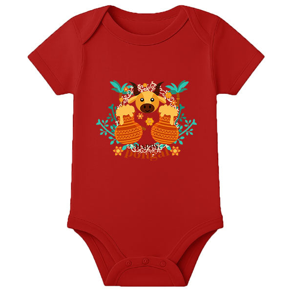 Personalized Pongal Baby Romper with Name – Traditional Thai Pongal Outfit for Newborns - RED - 0 - 3 Months (Chest 18")