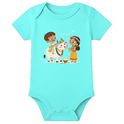 My First Pongal Baby Onesie – Custom Name Printed Pongal Romper for Boys & Girls - AQUA BLUE - 0 - 3 Months (Chest 18")