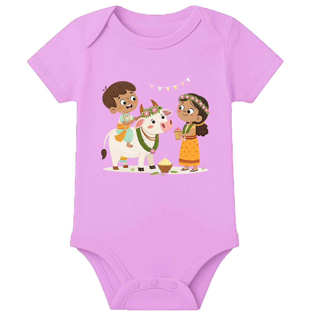 My First Pongal Baby Onesie – Custom Name Printed Pongal Romper for Boys & Girls - LIGHT PINK - 0 - 3 Months (Chest 18")