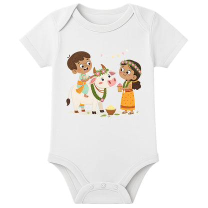 My First Pongal Baby Onesie – Custom Name Printed Pongal Romper for Boys & Girls - WHITE - 0 - 3 Months (Chest 18")