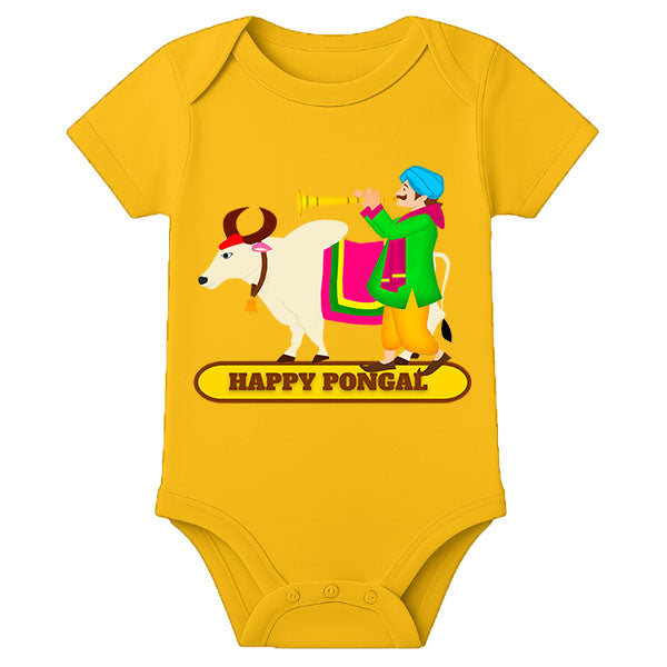 My First Pongal Romper for Baby – Personalized Name Onesie in Traditional Pongal Theme - MUSTARD - 0 - 3 Months (Chest 18")