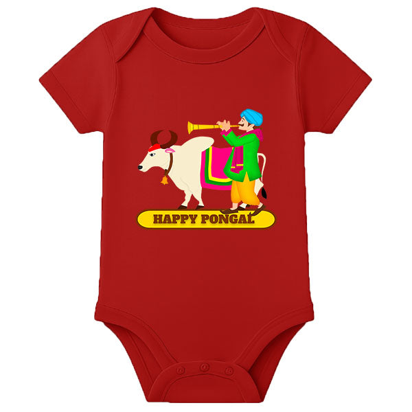 My First Pongal Romper for Baby – Personalized Name Onesie in Traditional Pongal Theme - RED - 0 - 3 Months (Chest 18")