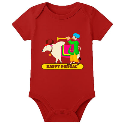 My First Pongal Romper for Baby – Personalized Name Onesie in Traditional Pongal Theme - RED - 0 - 3 Months (Chest 18")