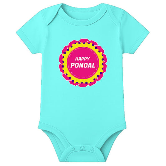 Customized Pongal Baby Dress Onesie – Name Printed Festival Romper for Infants - AQUA BLUE - 0 - 3 Months (Chest 18")