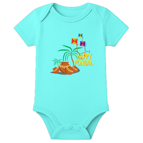 Pongal Celebration Baby Romper with Name – Adorable First Pongal Outfit for Newborn - AQUA BLUE - 0 - 3 Months (Chest 18")