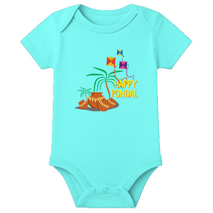 Pongal Celebration Baby Romper with Name – Adorable First Pongal Outfit for Newborn - AQUA BLUE - 0 - 3 Months (Chest 18")