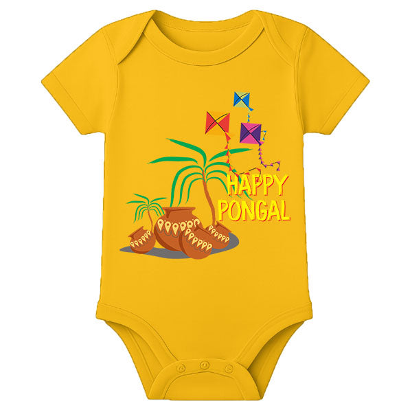 Pongal Celebration Baby Romper with Name – Adorable First Pongal Outfit for Newborn - MUSTARD - 0 - 3 Months (Chest 18")