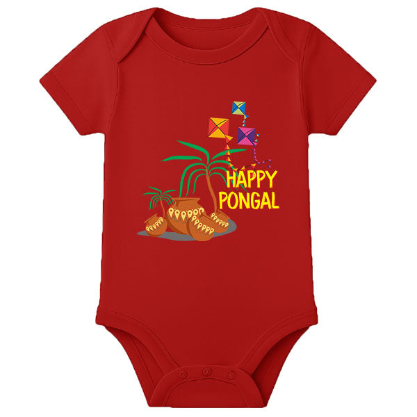 Pongal Celebration Baby Romper with Name – Adorable First Pongal Outfit for Newborn - RED - 0 - 3 Months (Chest 18")