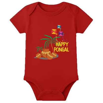 Pongal Celebration Baby Romper with Name – Adorable First Pongal Outfit for Newborn - RED - 0 - 3 Months (Chest 18")