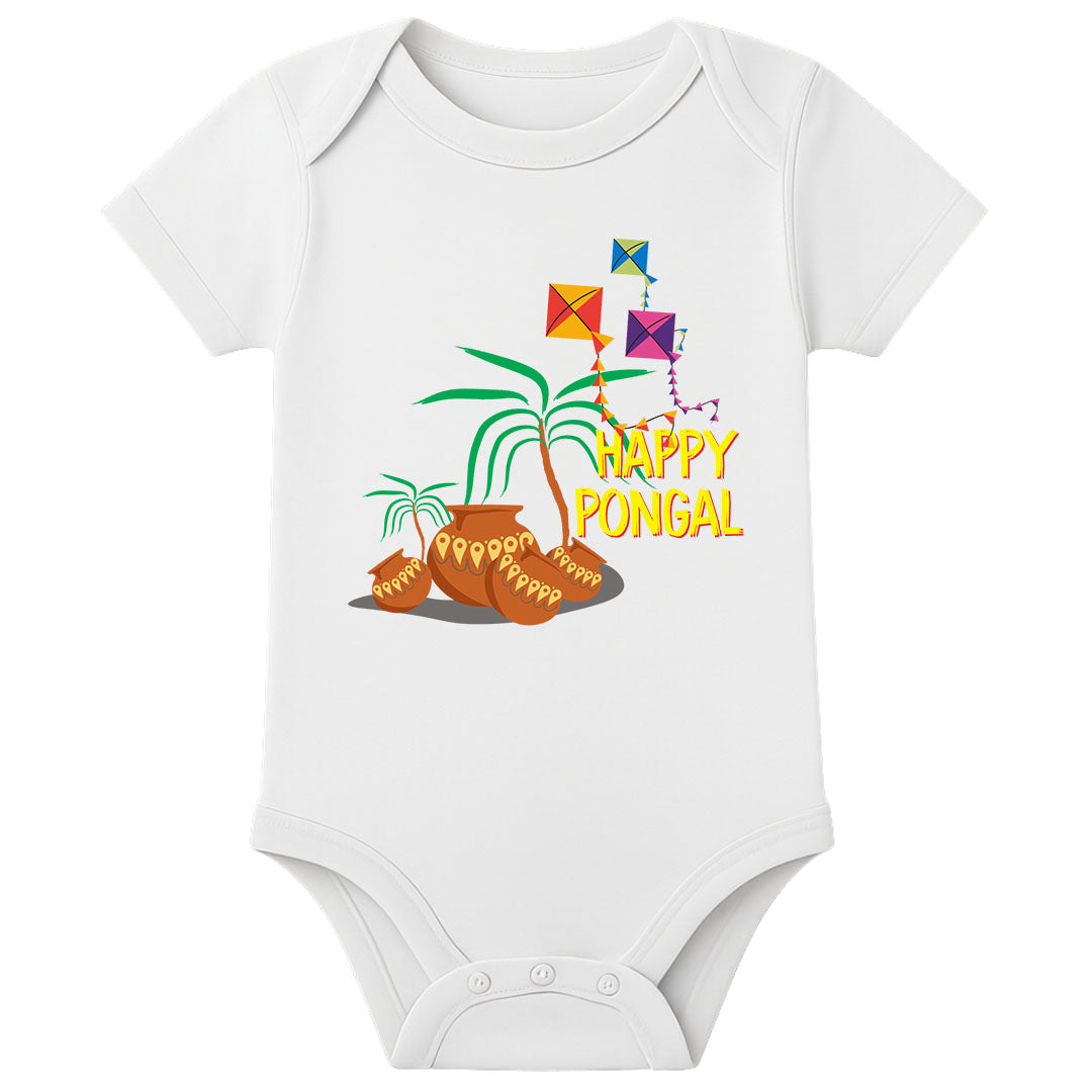 Pongal Celebration Baby Romper with Name – Adorable First Pongal Outfit for Newborn - WHITE - 0 - 3 Months (Chest 18")