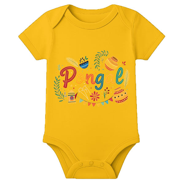 Traditional Pongal Baby Romper with Name – First Festival Outfit for Babies - MUSTARD - 0 - 3 Months (Chest 18")