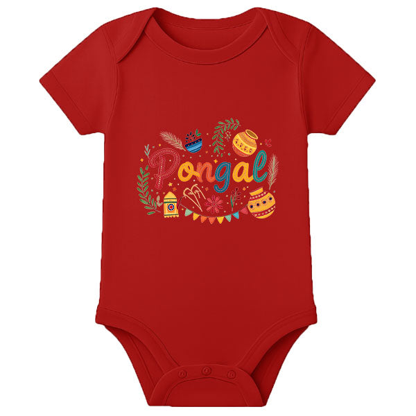 Traditional Pongal Baby Romper with Name – First Festival Outfit for Babies - RED - 0 - 3 Months (Chest 18")