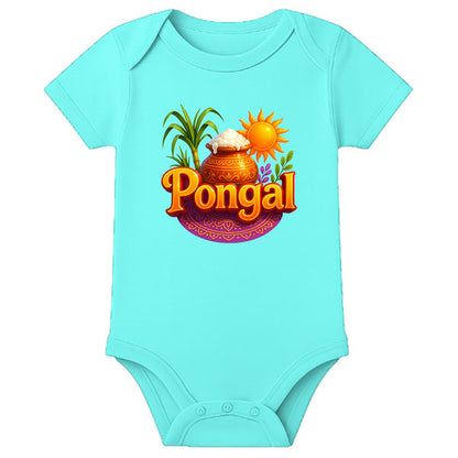 Name Customized Pongal Baby Romper – Traditional Festival Wear Onesie for Babies - AQUA BLUE - 0 - 3 Months (Chest 18")