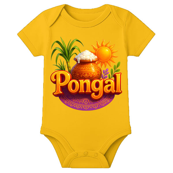 Name Customized Pongal Baby Romper – Traditional Festival Wear Onesie for Babies - MUSTARD - 0 - 3 Months (Chest 18")