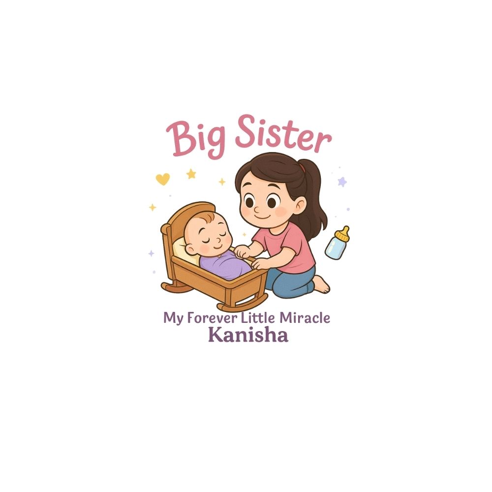 Illustration of a big sister tending to a baby with text 'Big Sister My Forever Little Miracle Kanisha' on a white background.